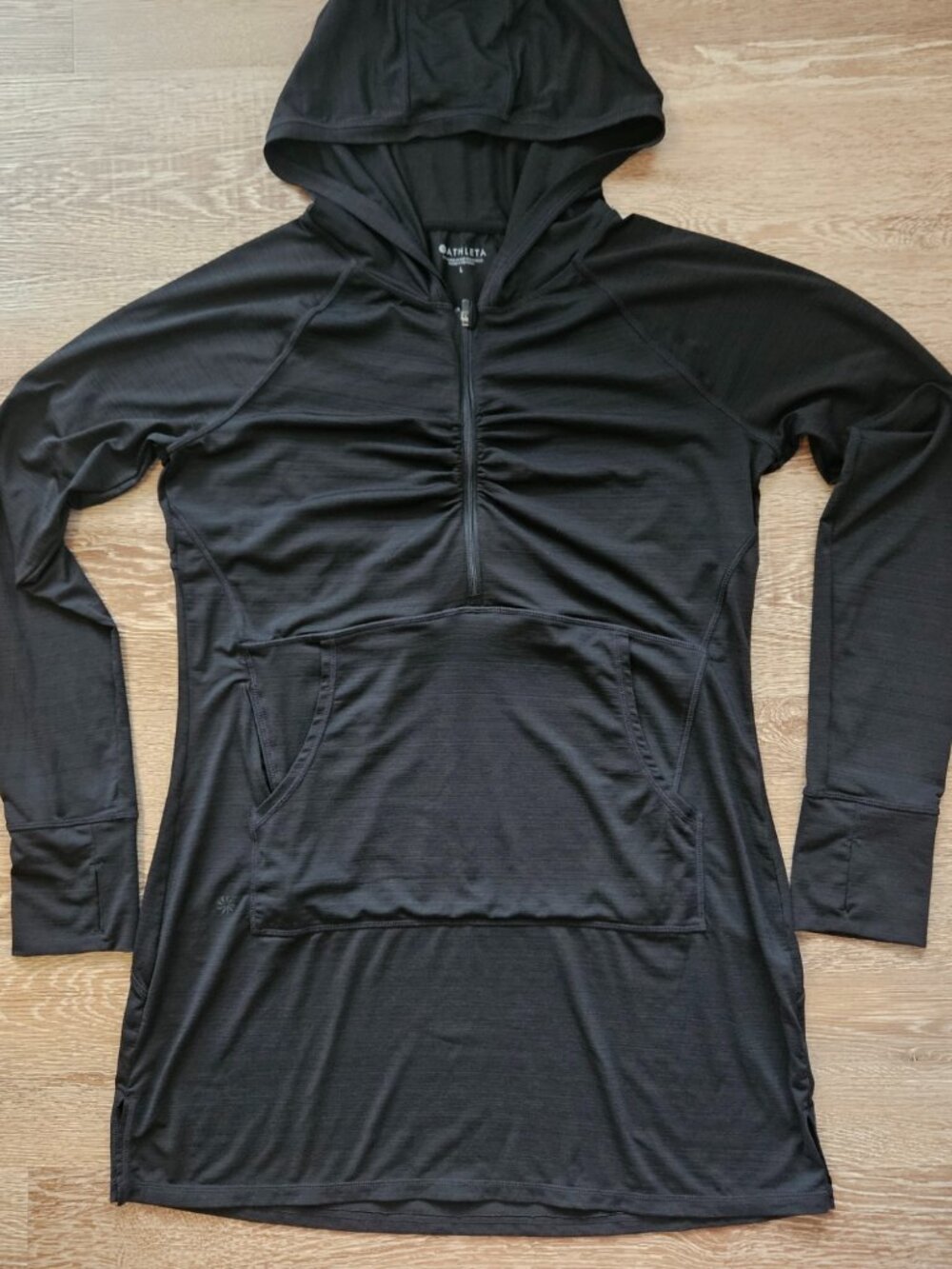 Athleta Women's Black Lightweight Hooded Half-Zip Pullover Dress, Size Large